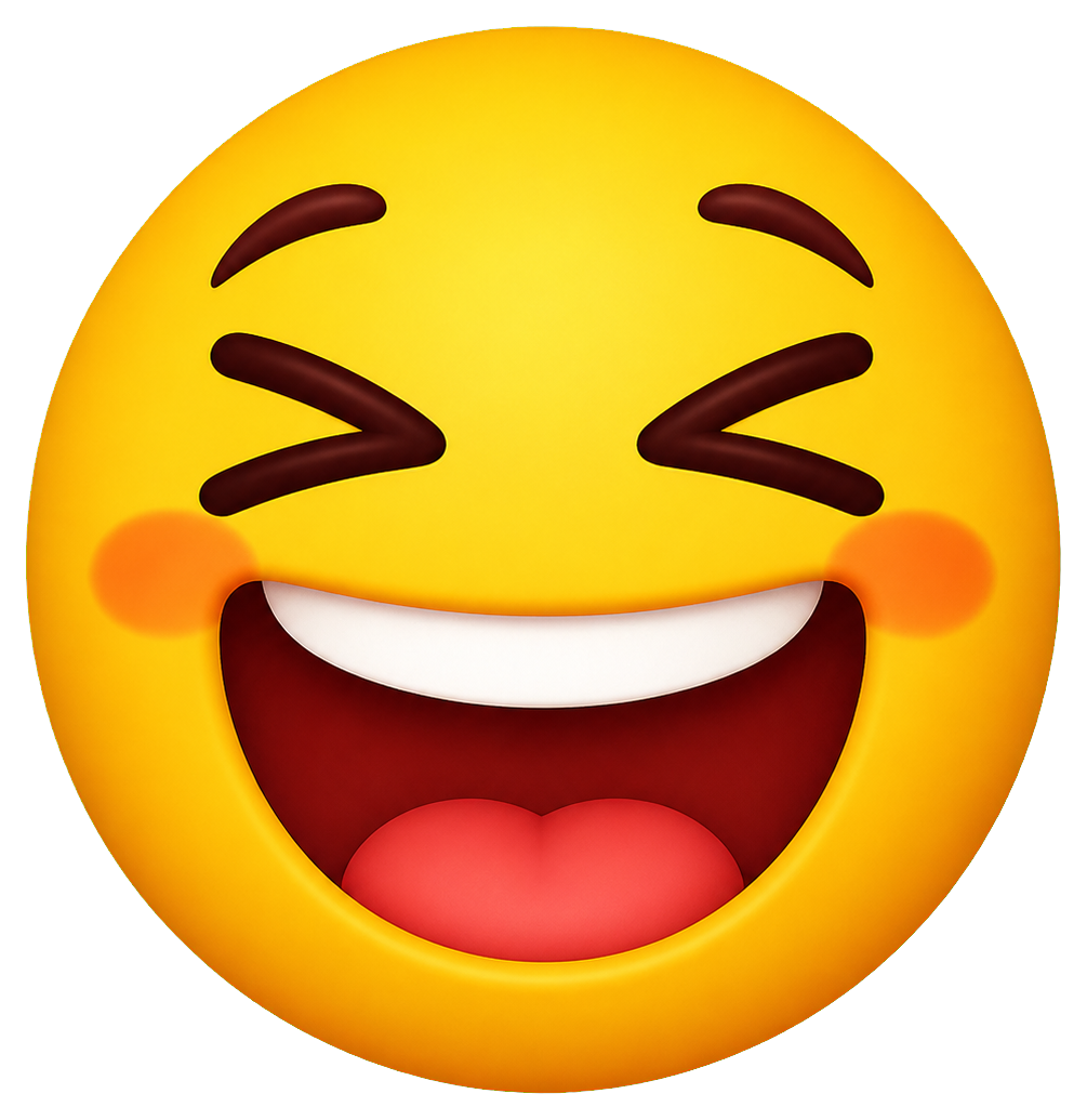 Yellow laughing face with closed squinting eyes, rosy cheeks, and open mouth