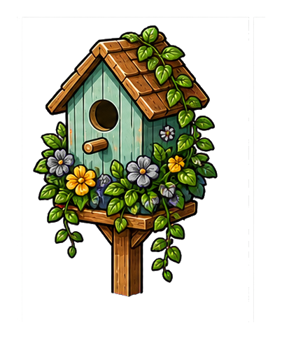 Blue birdhouse planter with flowers, vines, and a wooden post
