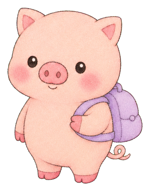 Cute pink pig wearing a purple backpack and smiling