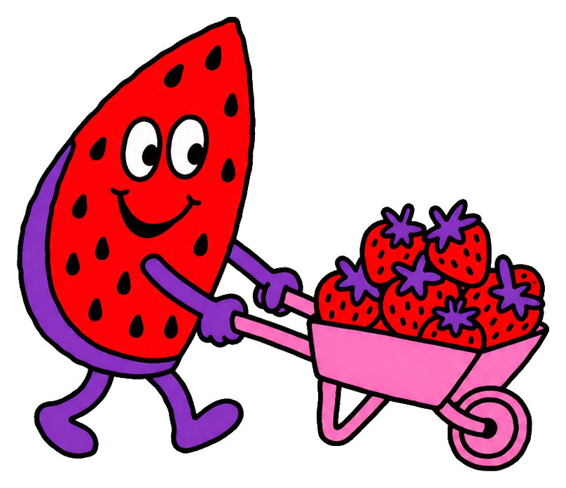 Smiling cartoon watermelon pushing a wheelbarrow full of strawberries.
