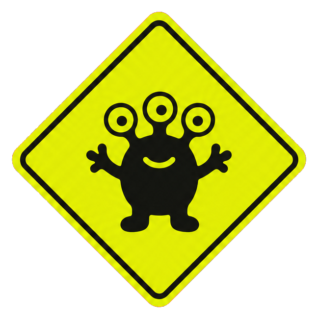 Yellow diamond alien crossing sign with a black alien figure and raised arms