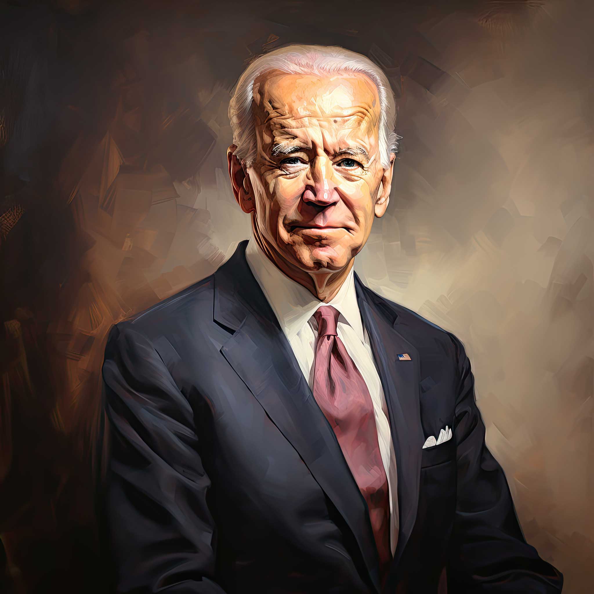 Portrait of President Biden in a dark suit and pink tie on a textured background.