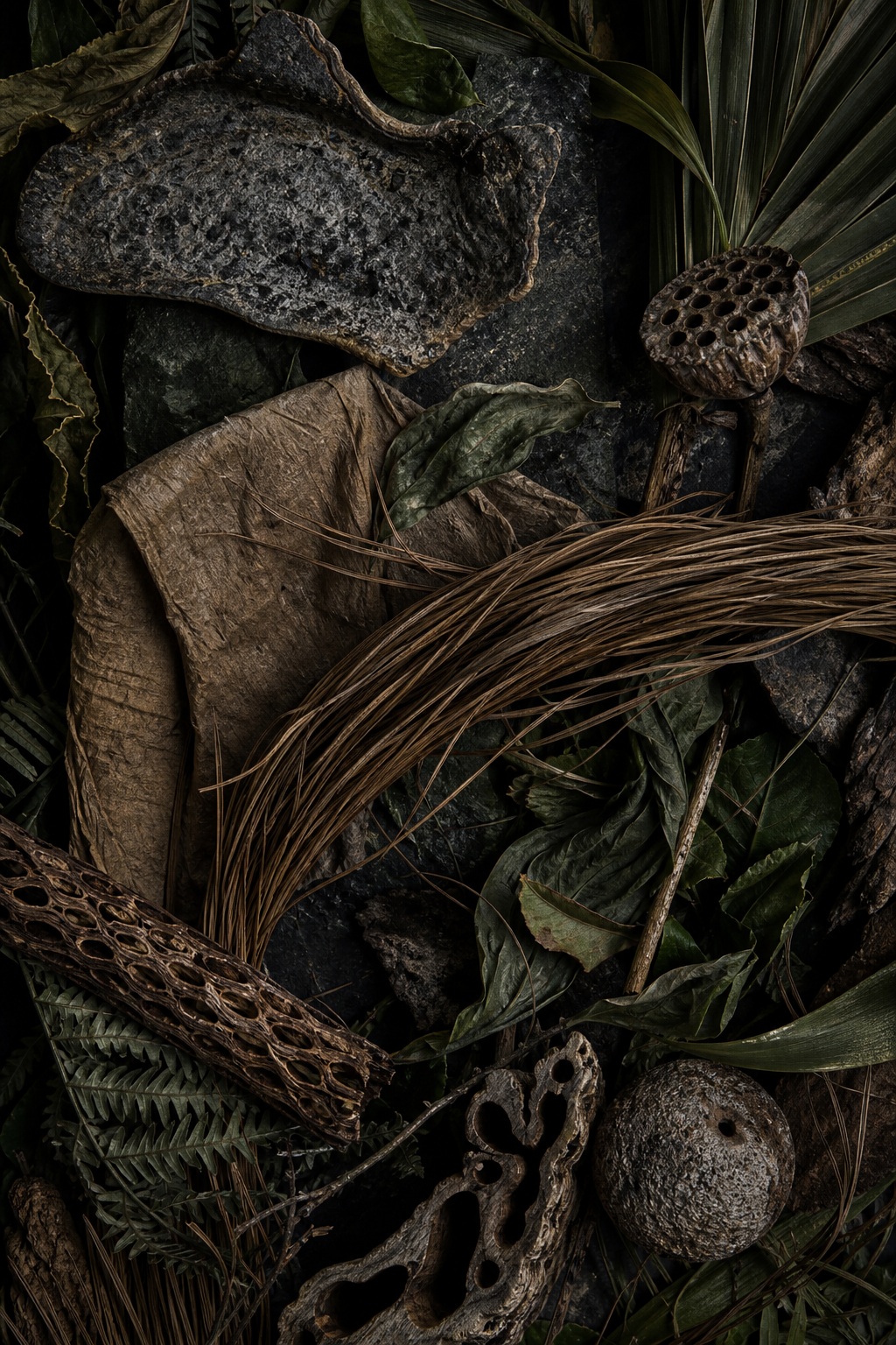 Dark still life arrangement of dried leaves, seed pods, and botanical textures on a black background.