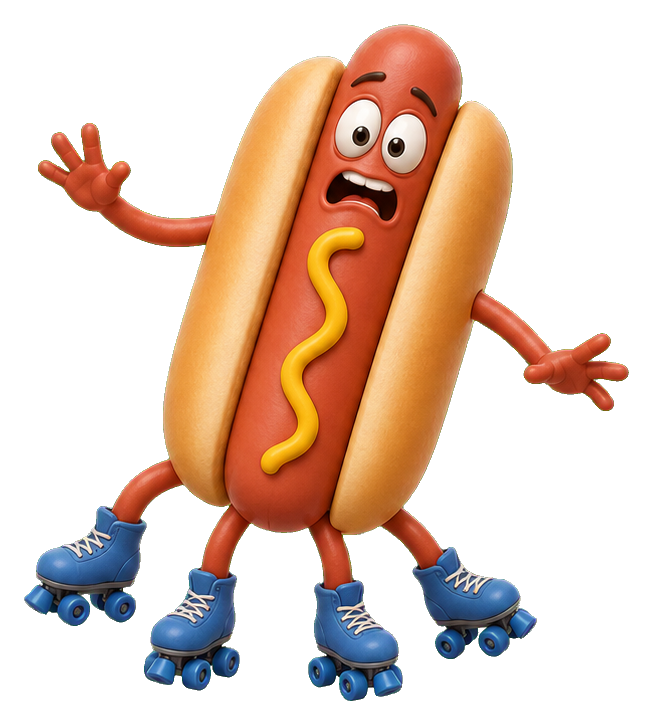 A cartoon hot dog with arms and legs wearing blue roller skates and looking surprised.