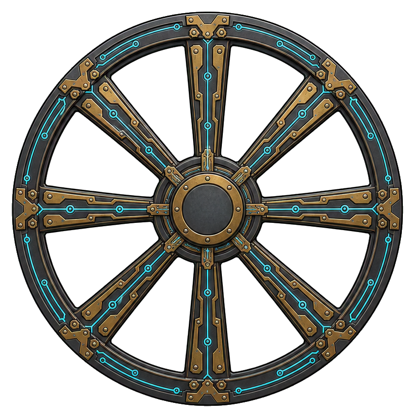 Circular mechanical dharma wheel with gold and blue inlay details on a dark background