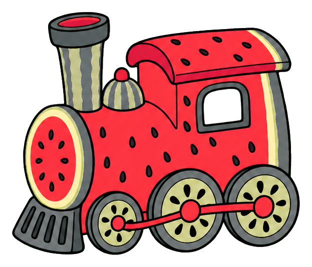 Cartoon watermelon-shaped train with red body, seeds, and yellow wheels