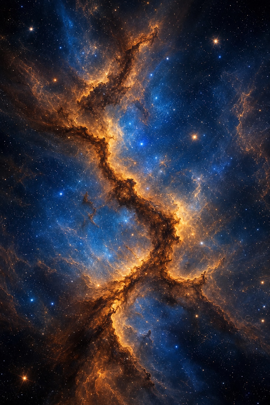 Blue and black nebula with bright amber dust lanes running diagonally through the center
