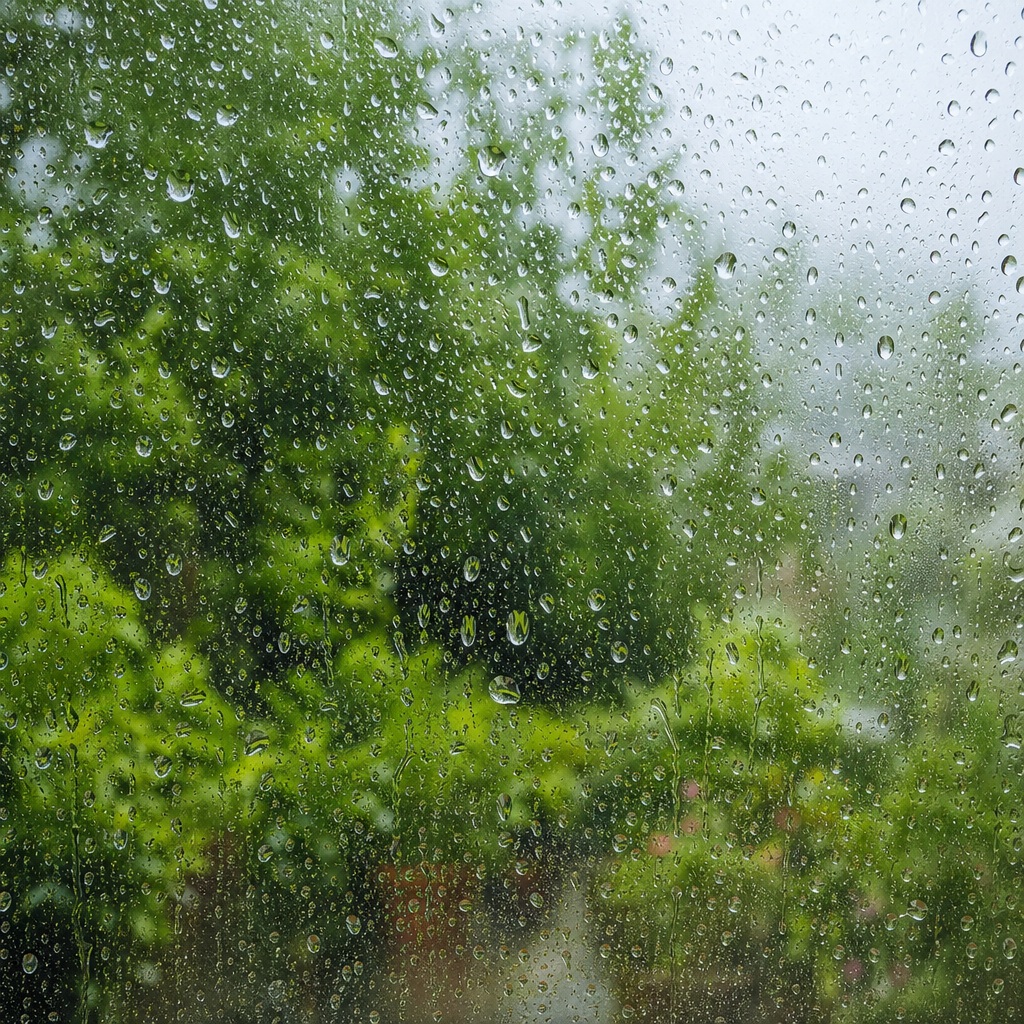 Rain droplets on a window with a blurred green garden behind it.
