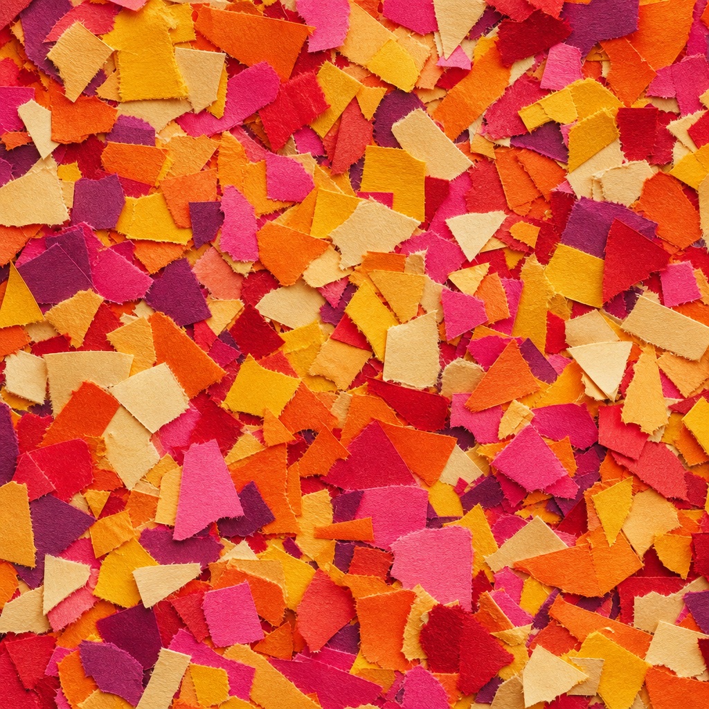 Colorful paper confetti pieces in a warm mixed mosaic texture.
