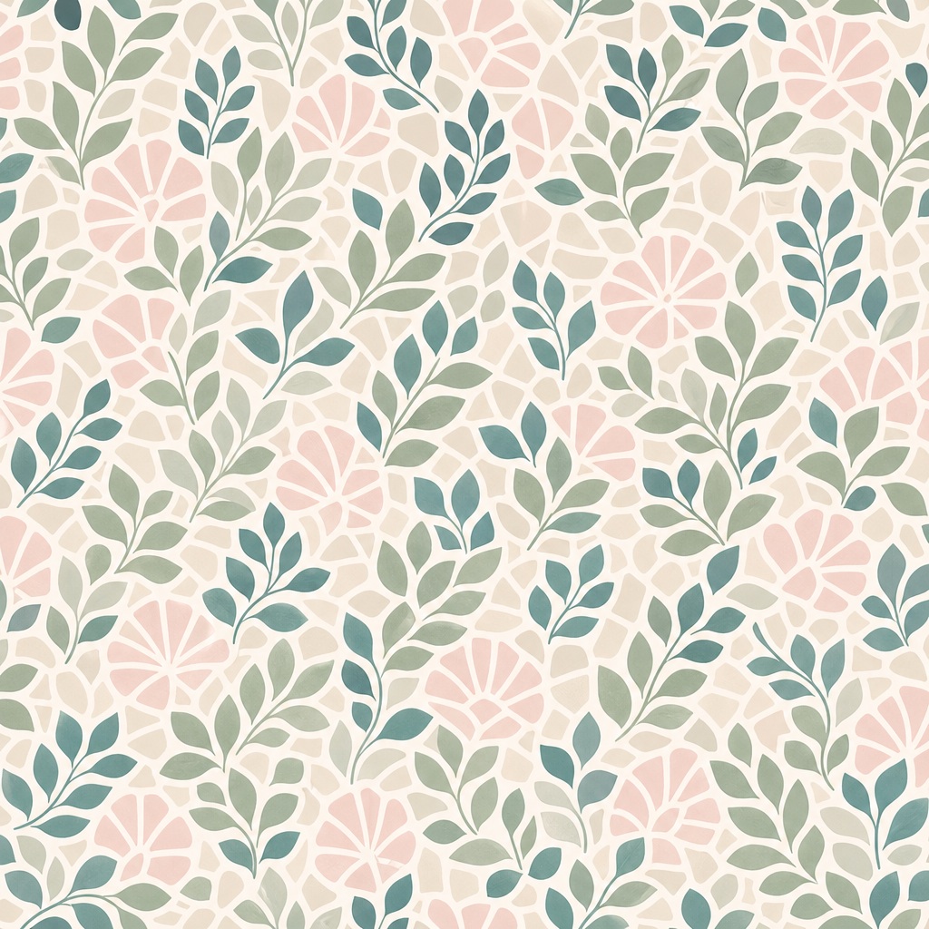 Pastel botanical mosaic pattern with leafy shapes in soft green, peach, and cream