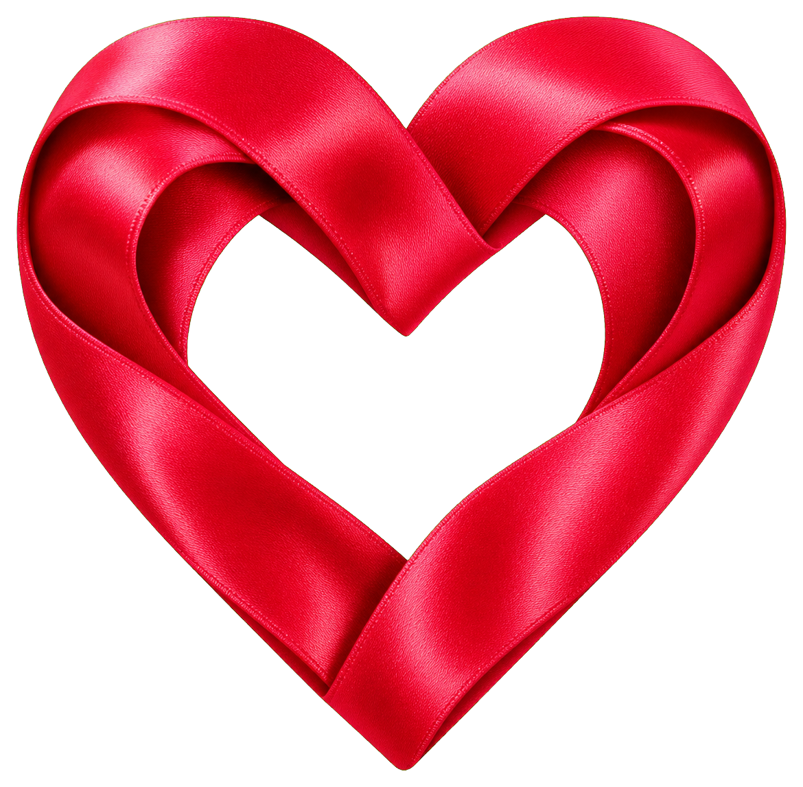 Red satin ribbon shaped into a heart on a transparent background.