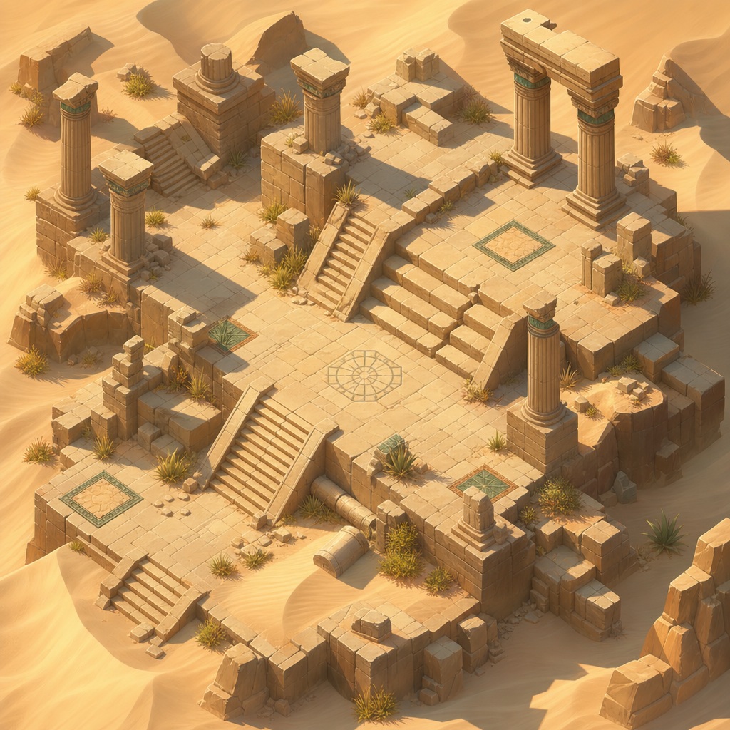 Isometric sandstone temple ruins in a sunlit desert landscape