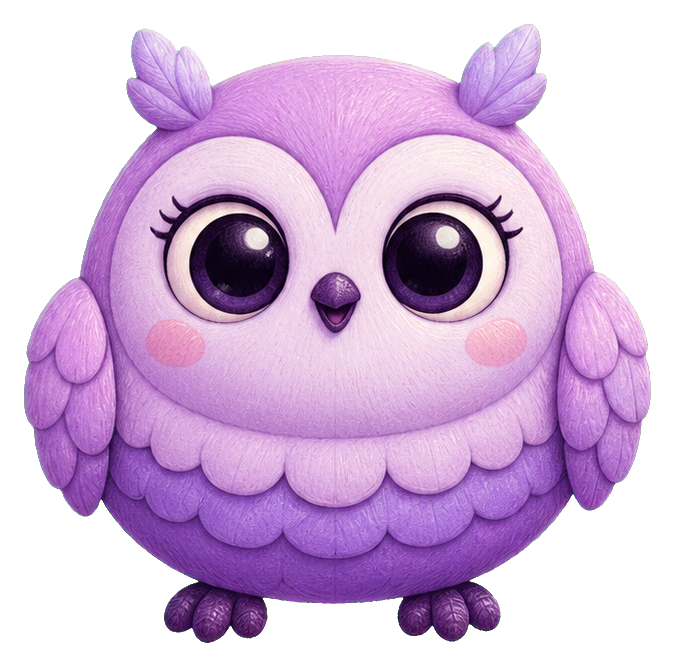Cute purple owl with big eyes and rounded pastel wings