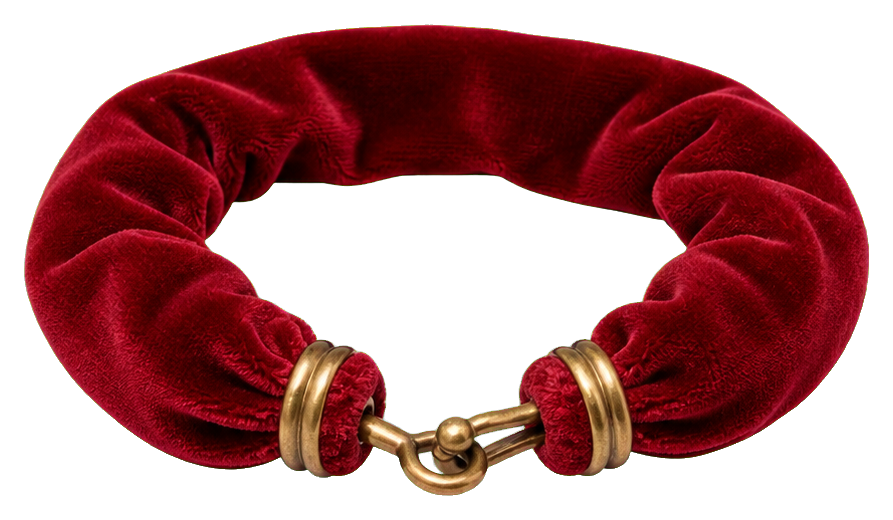 Crimson velvet curtain tieback with gold ends and a hooked clasp