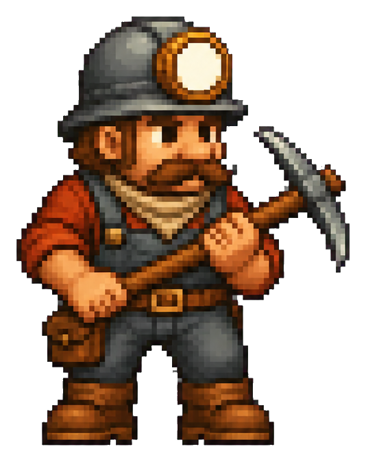 Pixel art miner holding a pickaxe and wearing a helmet with a glowing headlamp