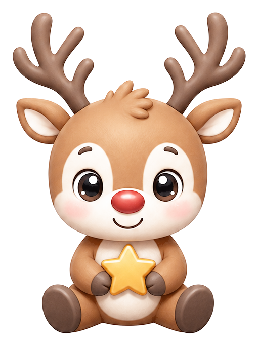 Cute cartoon reindeer with antlers, rosy cheeks, and a yellow star on its chest.