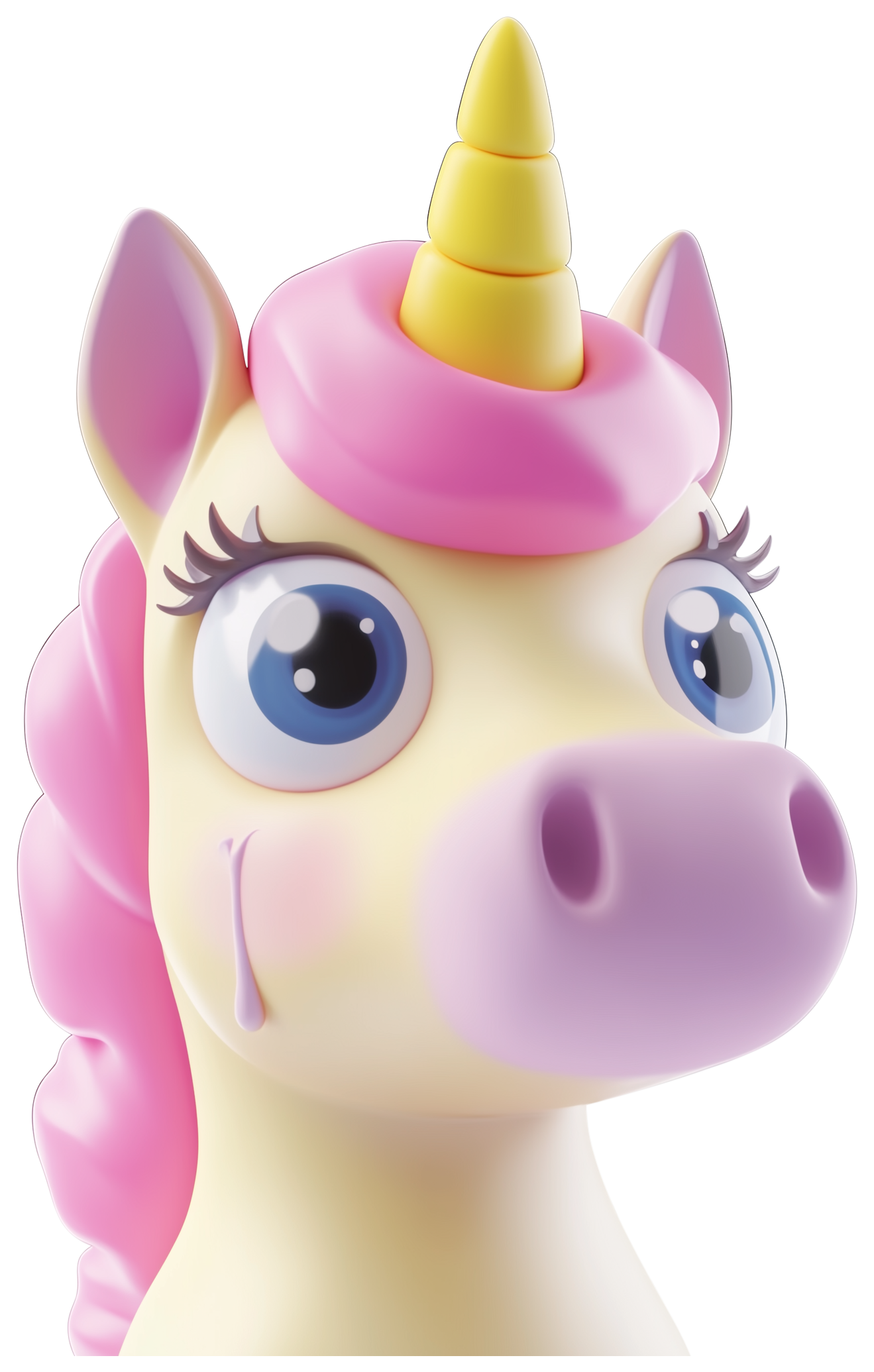 Cute cartoon unicorn emoji with pink mane and yellow horn