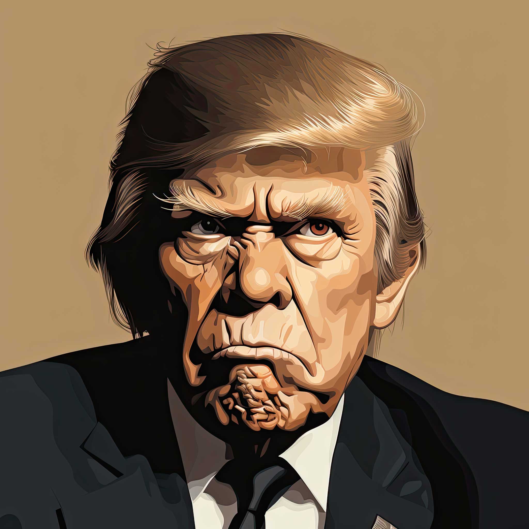 Stylized portrait of Donald Trump against a tan background.