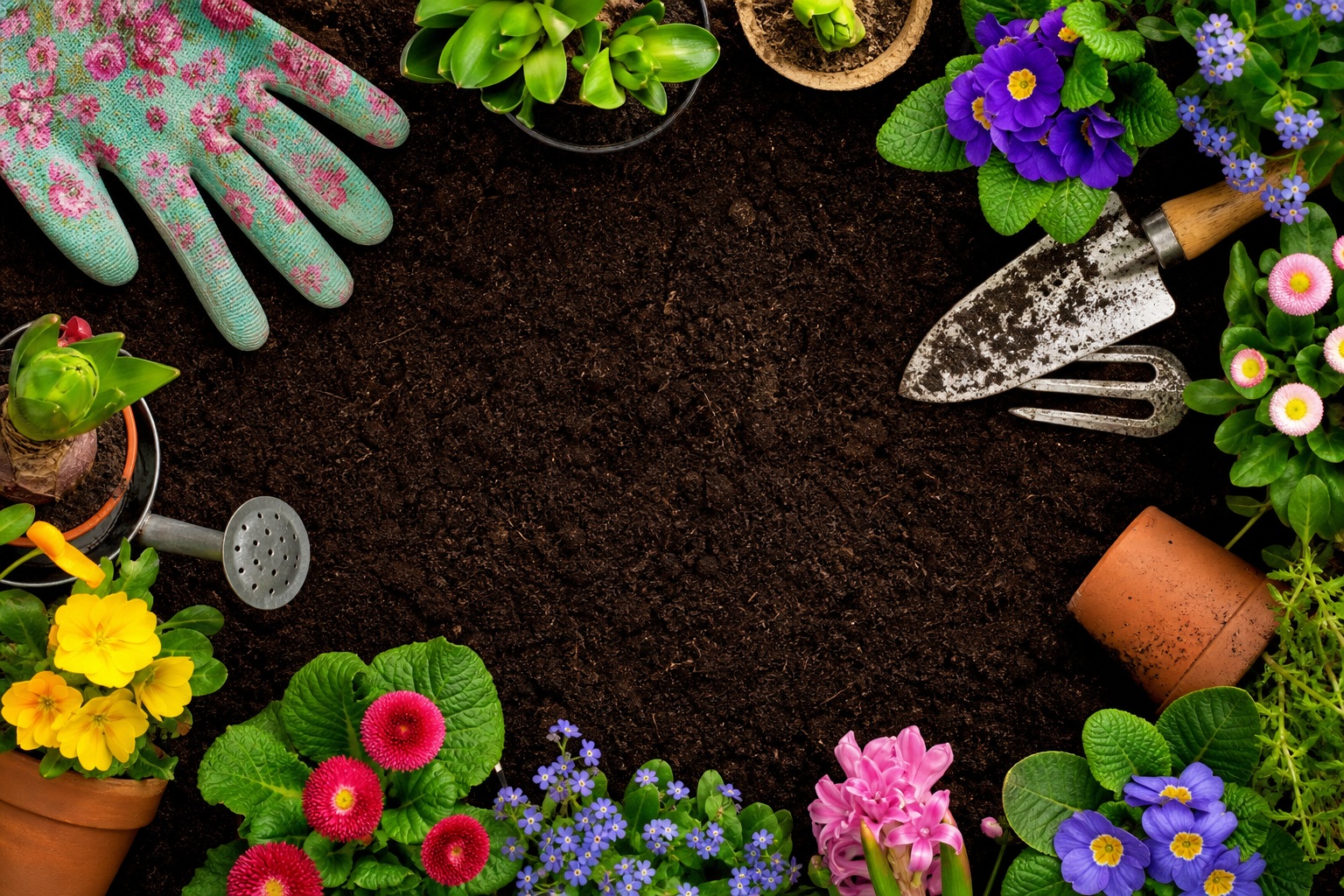 Top-down garden scene with flower pots, gloves, seedlings, and colorful flowers on dark soil