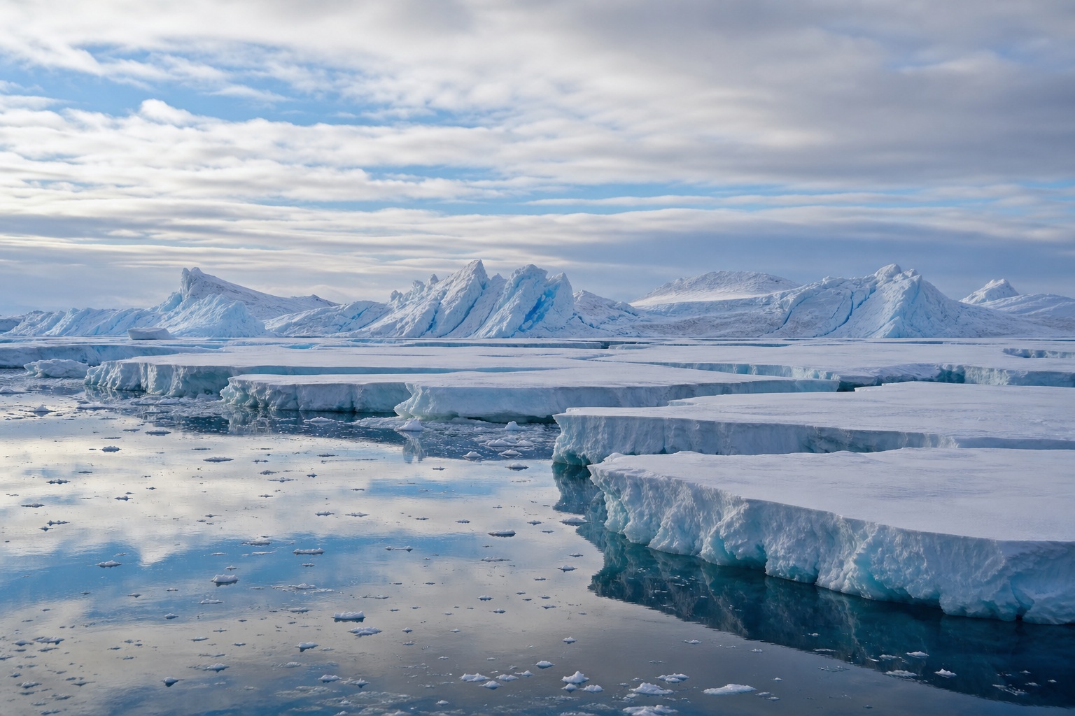 Shattered ice shelf floating above reflective polar water and distant blue glaciers