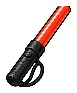 Orange traffic baton sticker with a black handle and wrist strap
