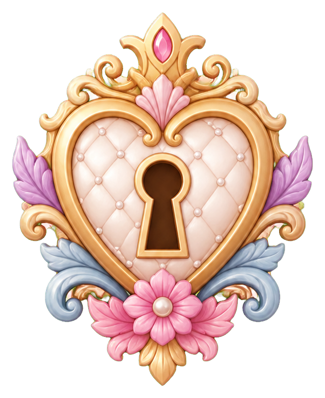 Ornate gold heart with keyhole, pink gem, and floral decorations
