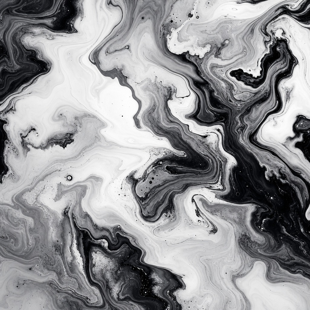 Black and white marbled ink wash with flowing abstract fluid textures