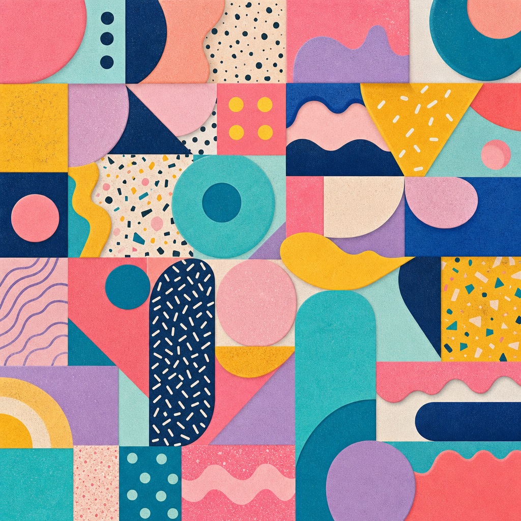 Colorful Memphis-style geometric pattern made of tiles, dots, arcs, and abstract shapes.