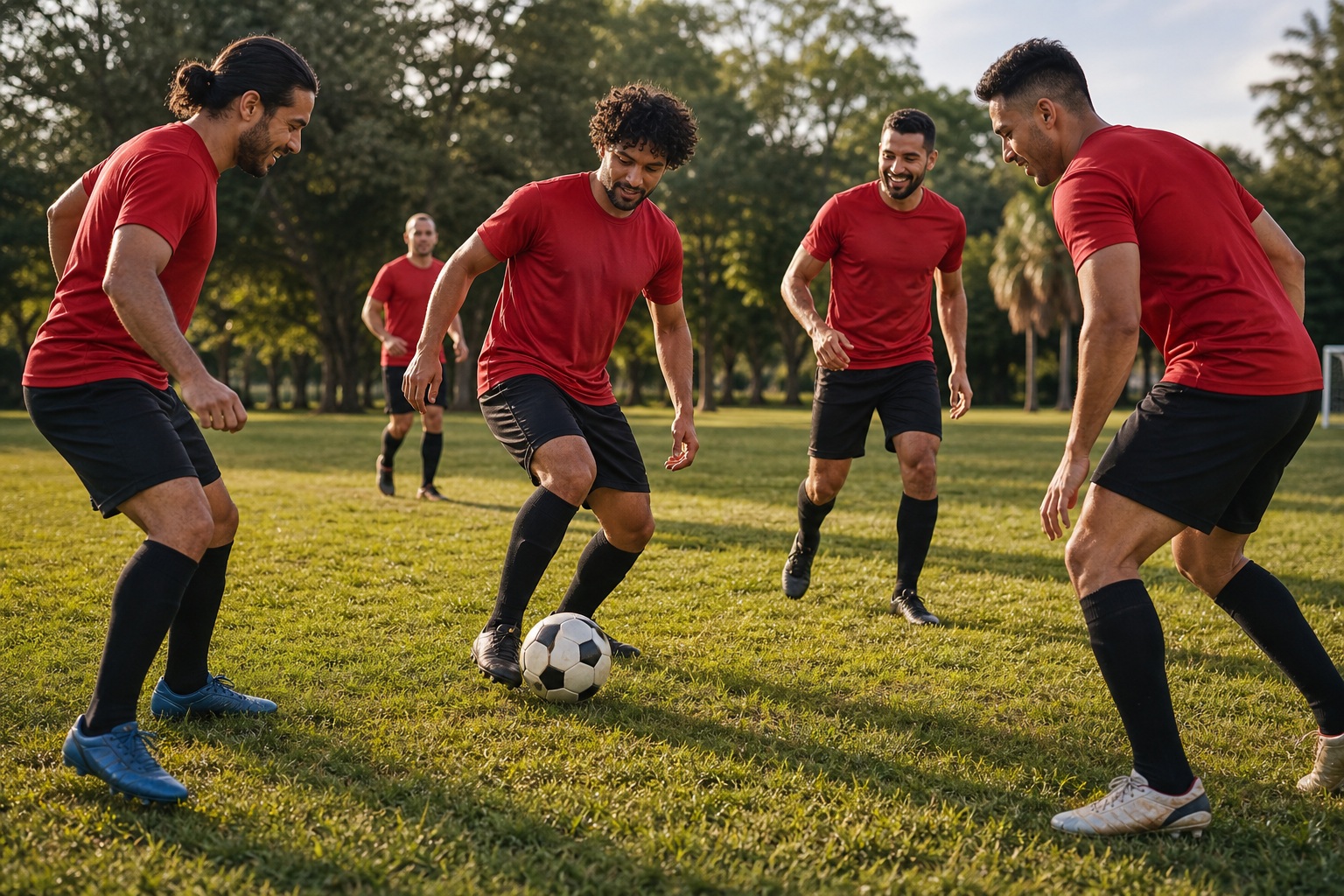 Four men in red shirts warming up with a soccer ball on a grassy field.