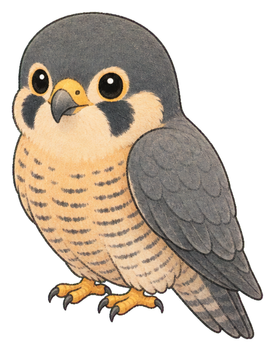 Cute illustrated peregrine falcon with large eyes and gray wings standing facing forward