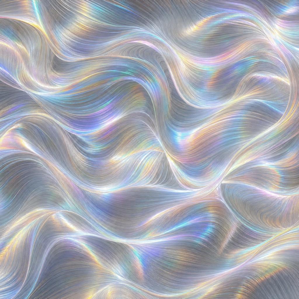 Flowing iridescent mesh waves with silver, blue, pink, and gold highlights