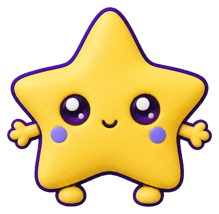 Cute yellow star-shaped alien with big eyes, tiny arms, and a smiling face