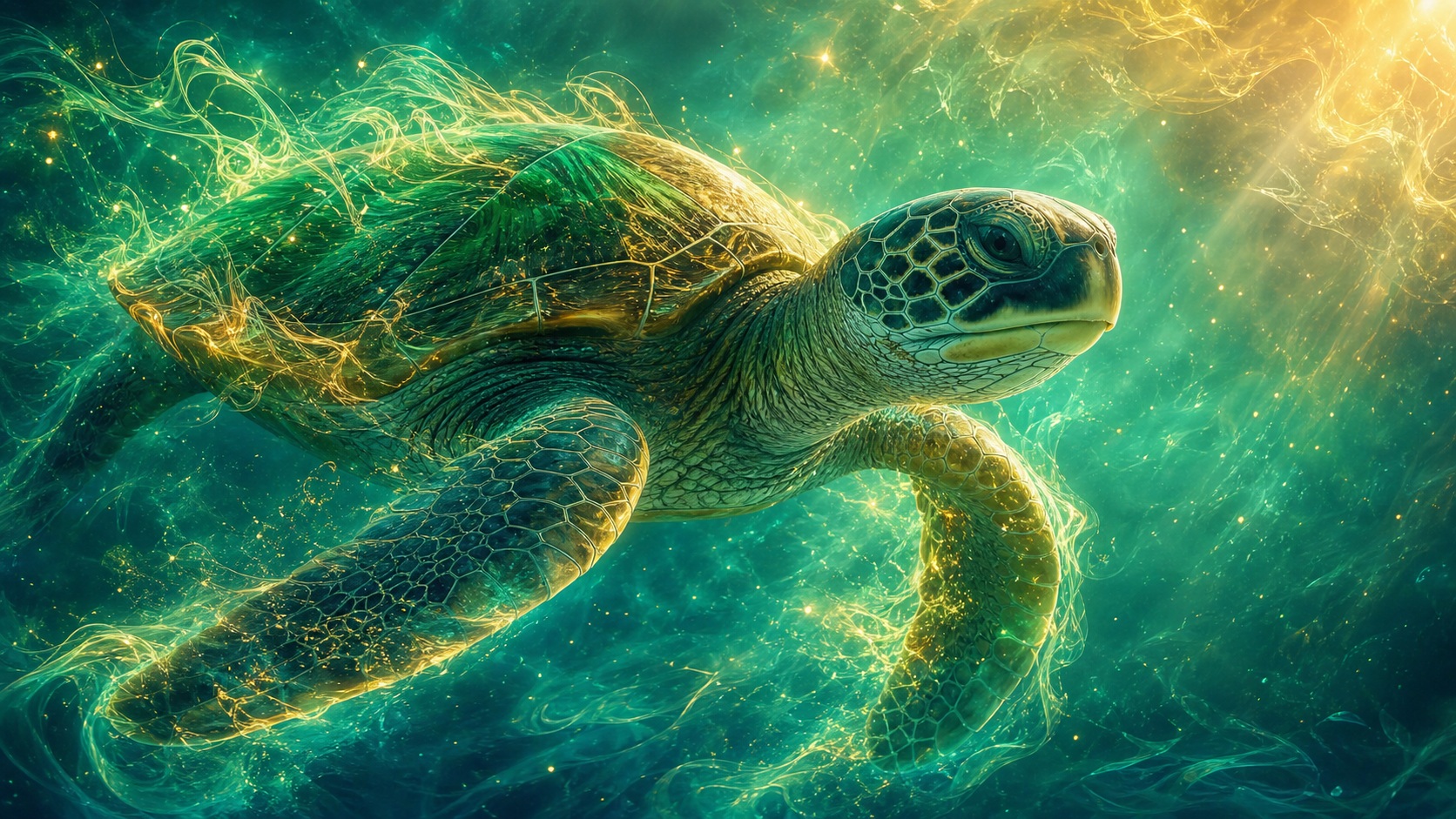 Glowing green sea turtle swimming through teal water with bright sunbeams and neon edges.