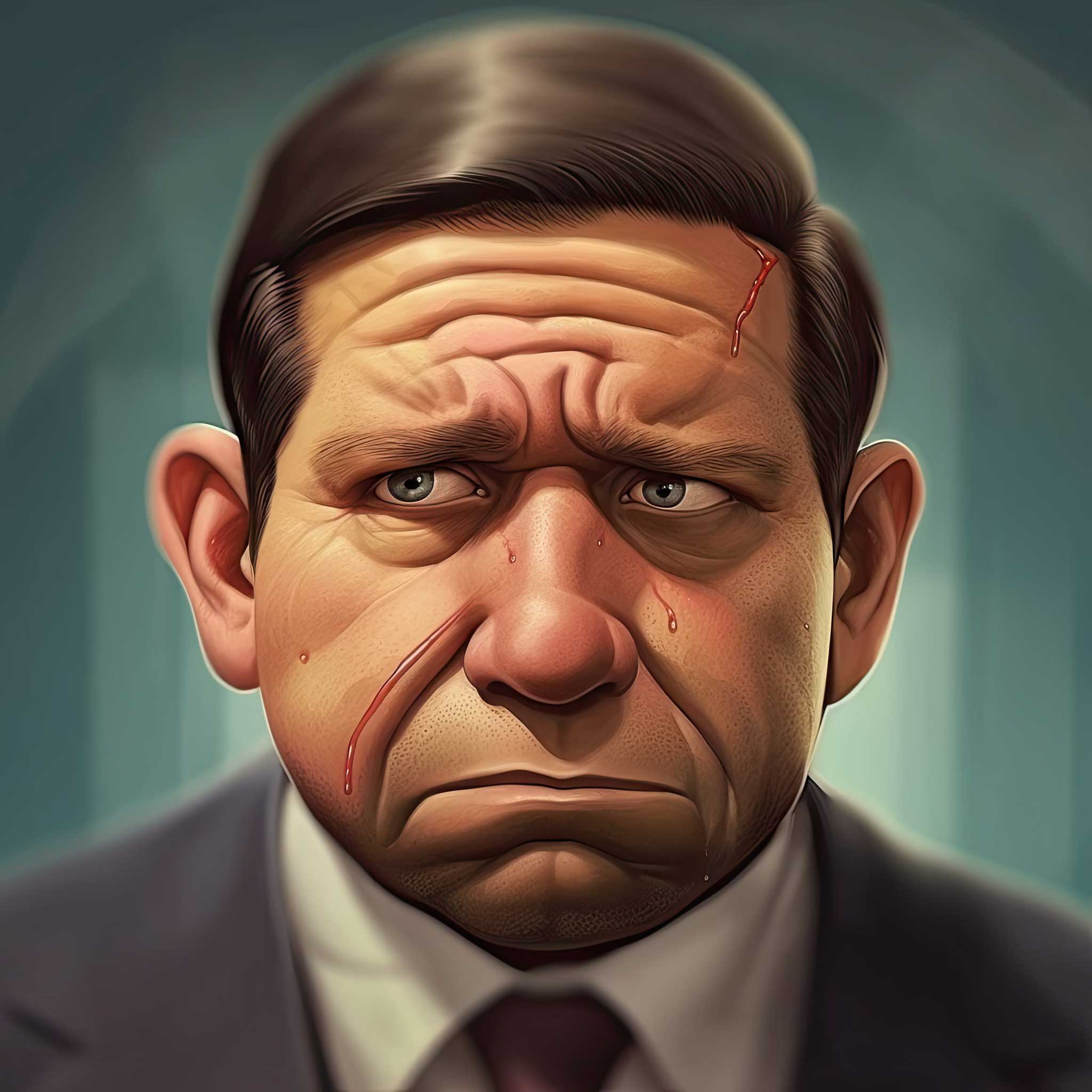 Angry businessman portrait with a furrowed brow on a teal background