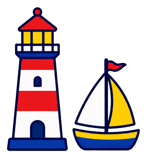 Red and white lighthouse beside a yellow sailboat with a blue hull and red flag.