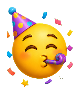 Yellow party face emoji blowing a purple party horn with confetti around it.