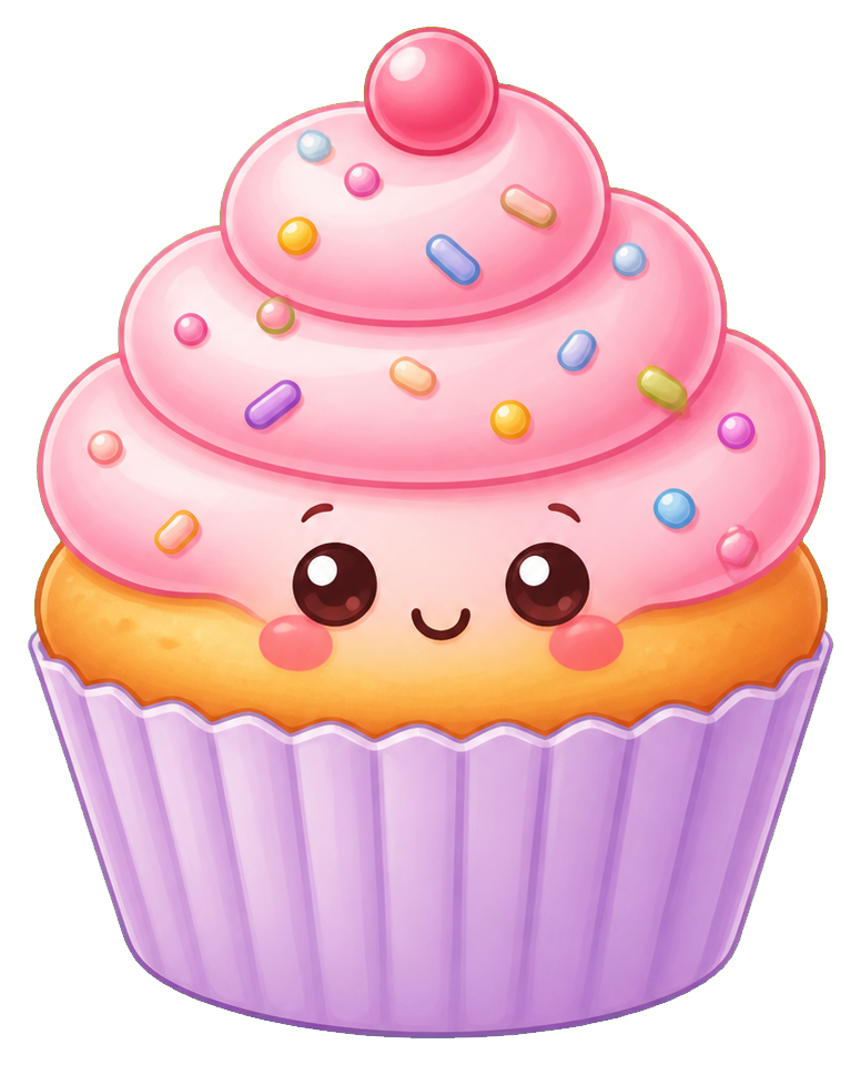 Cute pink frosted cupcake sticker with sprinkles and a smiling face