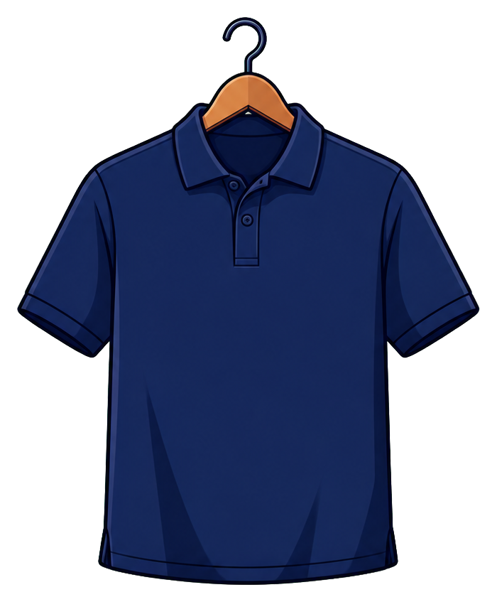 Navy tennis polo shirt hanging on a wooden hanger