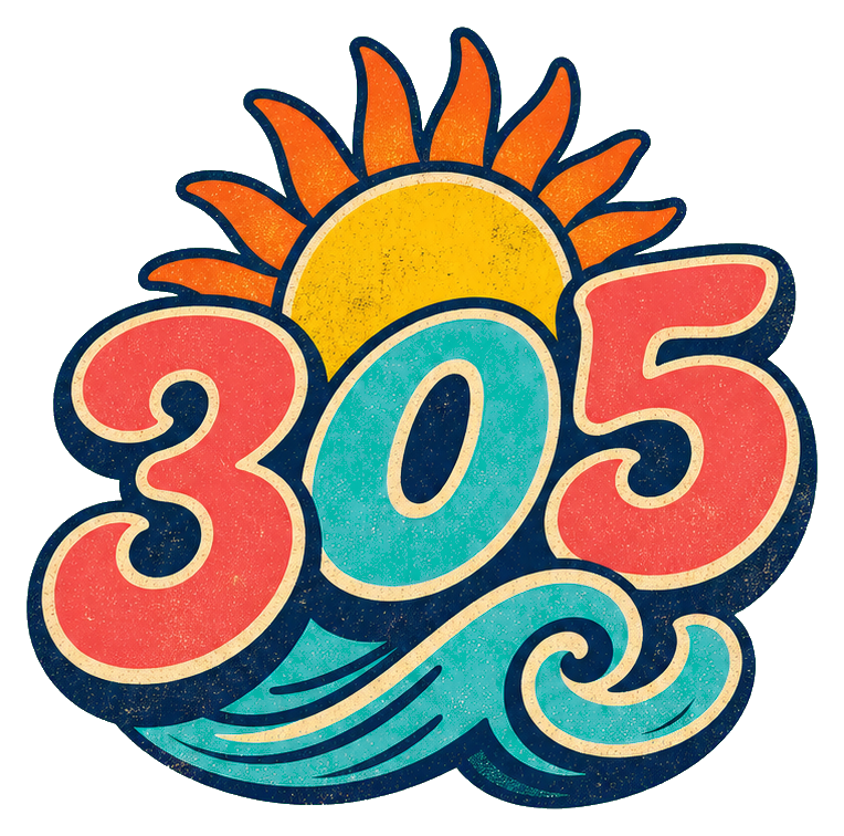 Colorful 305 text with a sun above and a teal wave below
