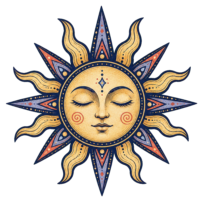 Celestial sun face with closed eyes and wavy rays in a boho style