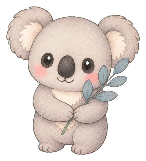 Cute kawaii koala holding a eucalyptus sprig with rosy cheeks.