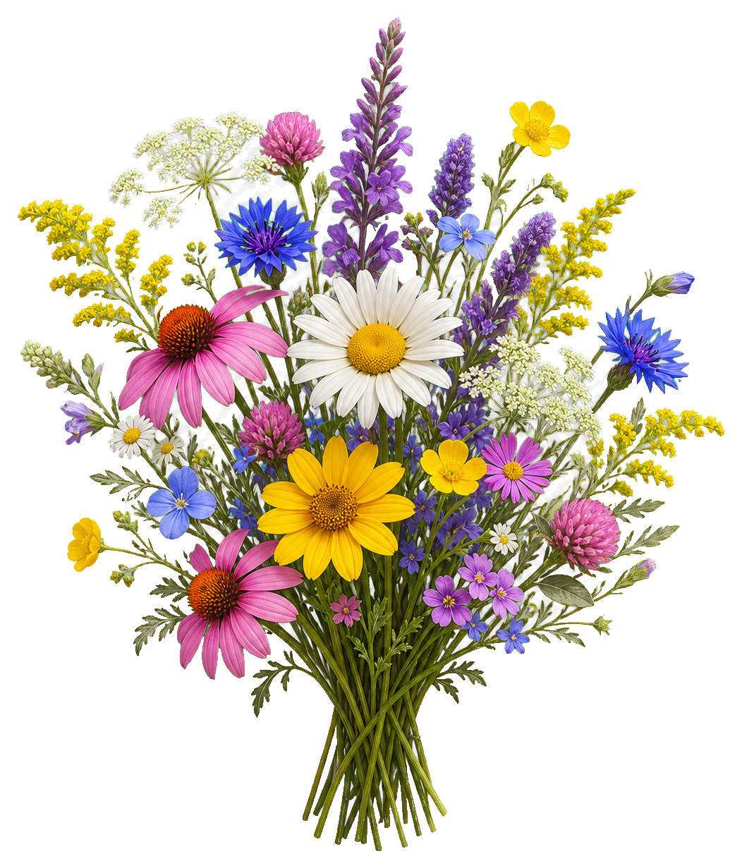 Colorful wildflower bouquet with daisies, pink flowers, yellow blooms, and purple stems