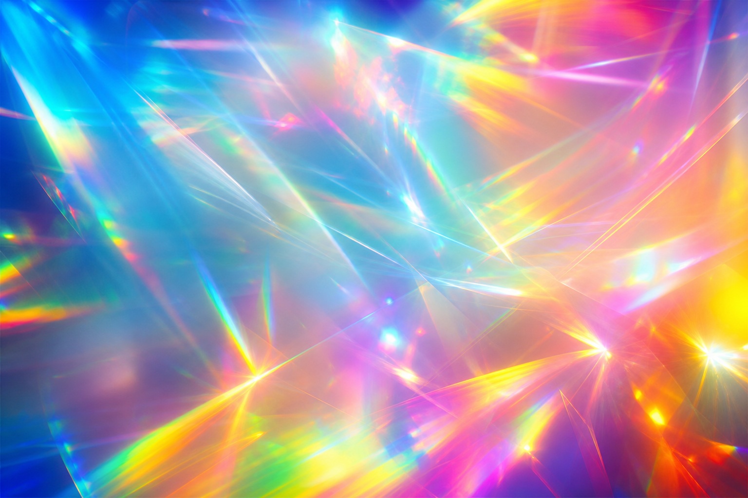 Abstract rainbow prism light overlay with glowing caustic streaks and bright color flares