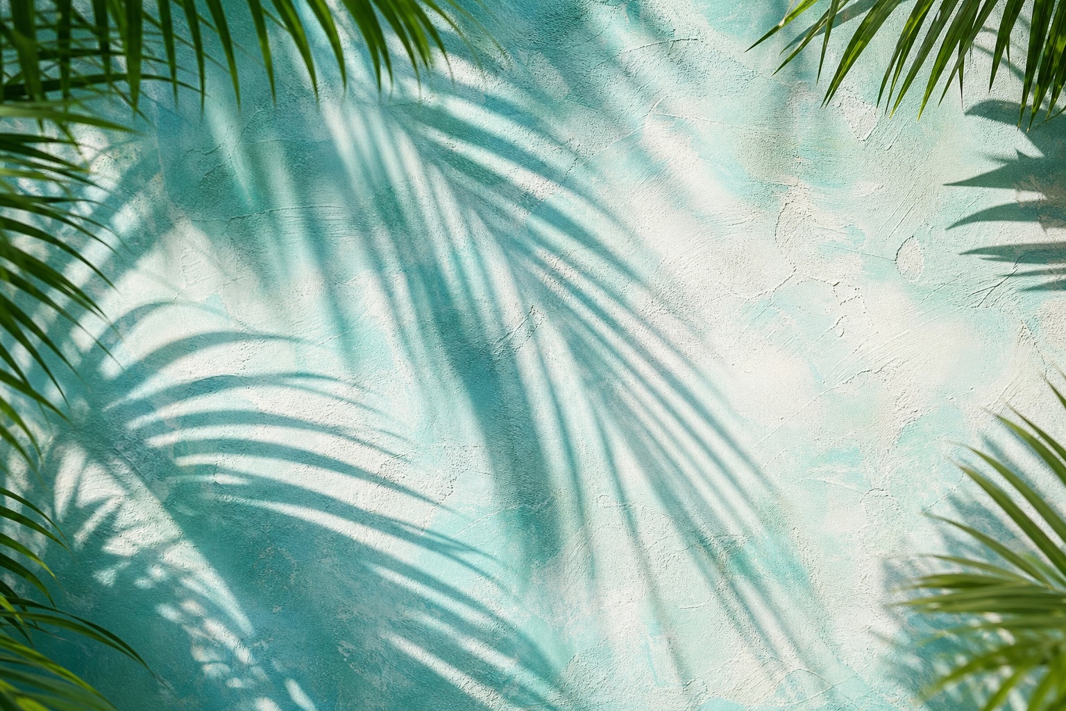 Aqua plaster surface with soft swaying palm leaf shadows in a tropical scene.