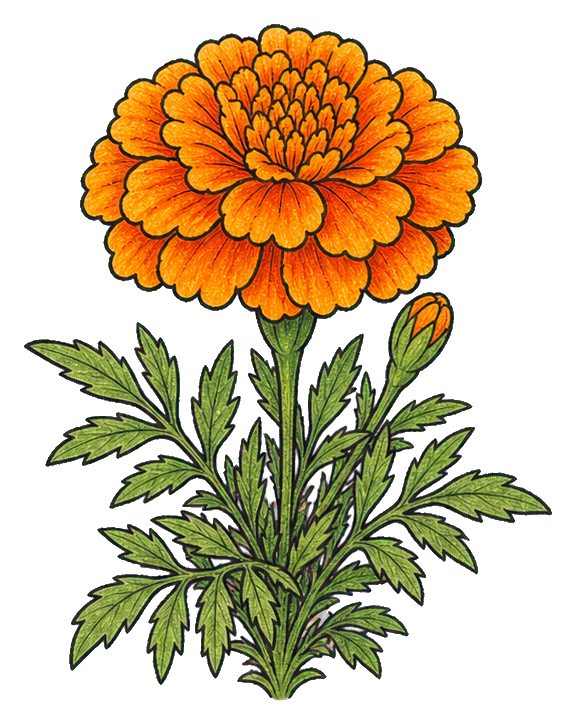Orange marigold flower with layered petals and green leaves as a sticker graphic