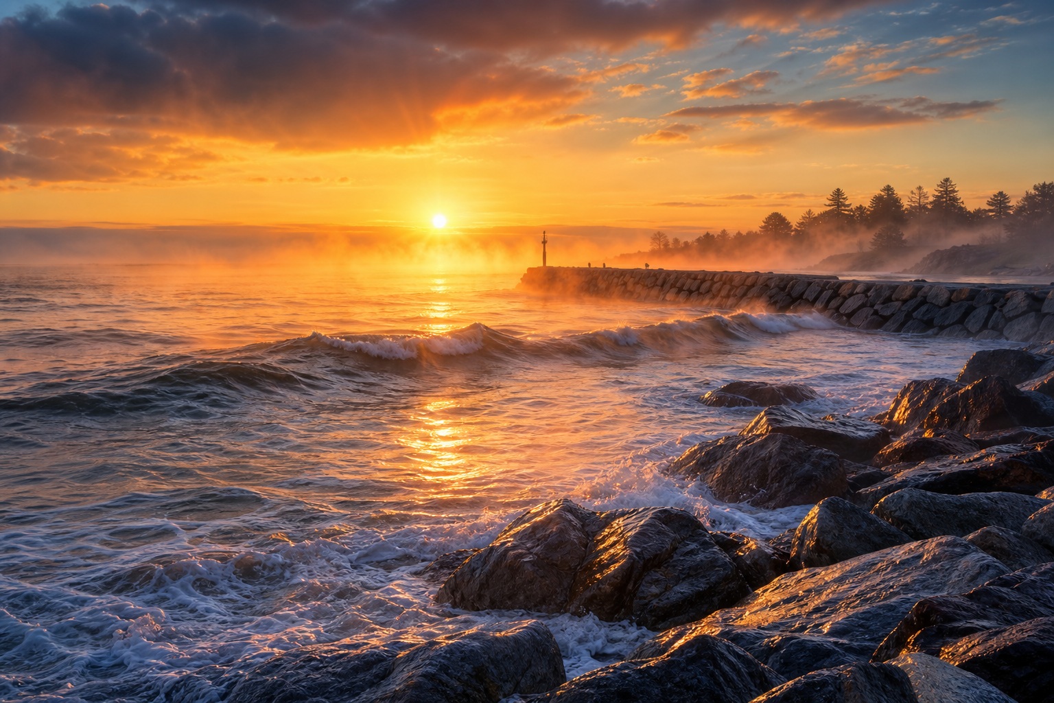 Golden sunrise over waves crashing against a rocky coastal shoreline with mist.