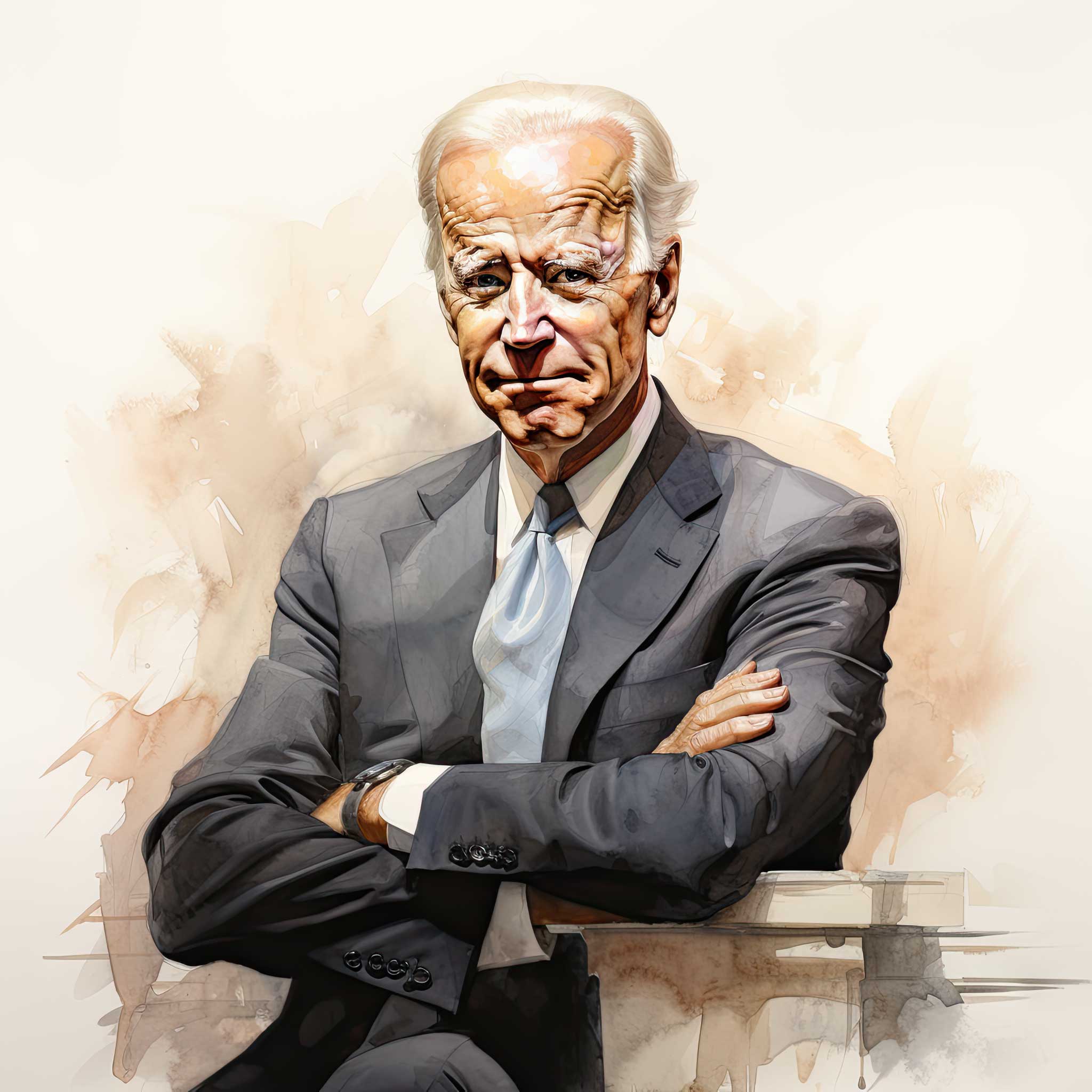 Painted portrait of Joe Biden in a suit with arms crossed.