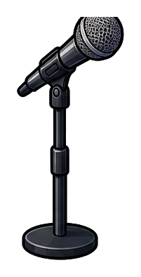 A black microphone mounted on a stand with a round base.