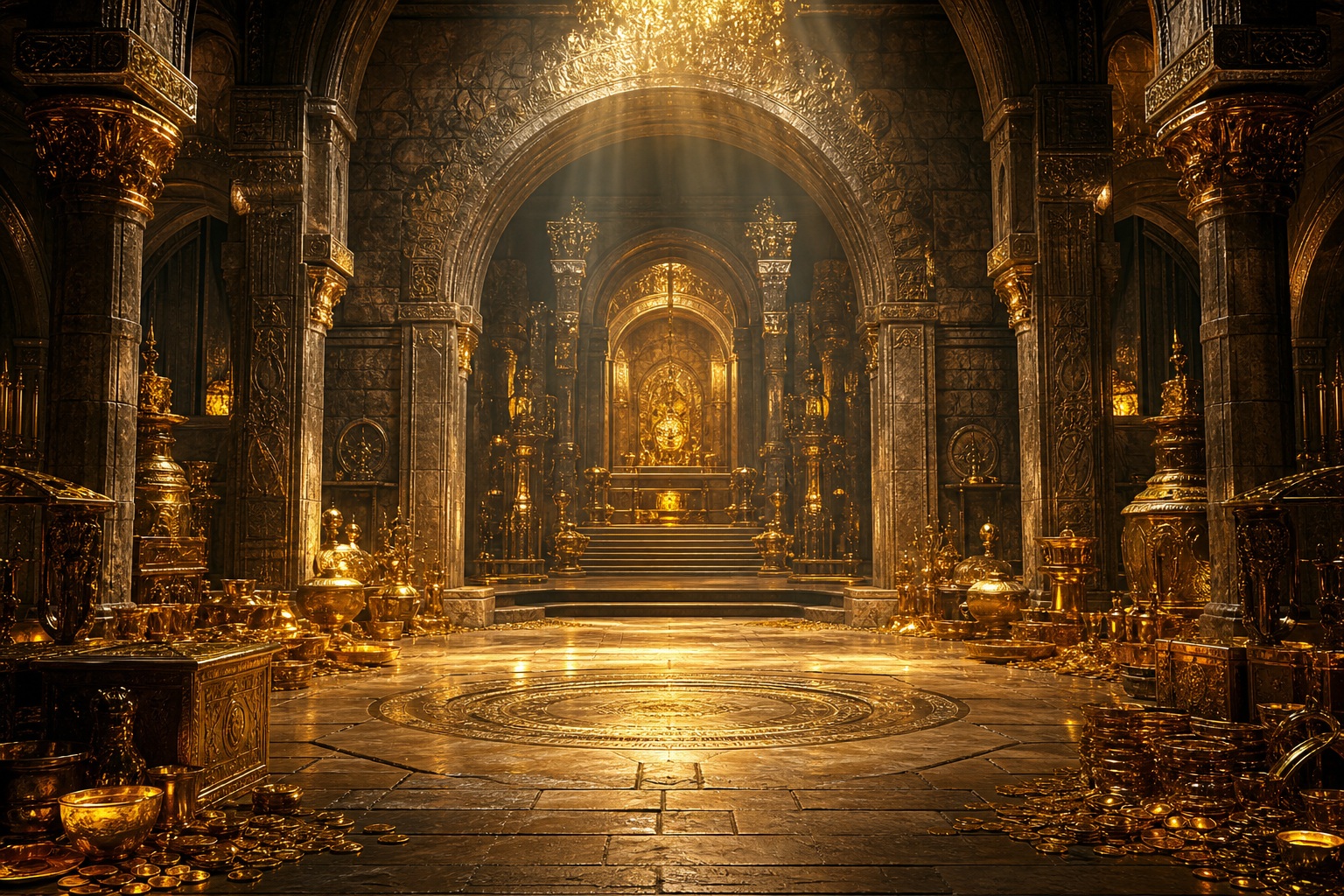 Golden fantasy chamber with glowing light, ornate columns, and treasure-filled darkness