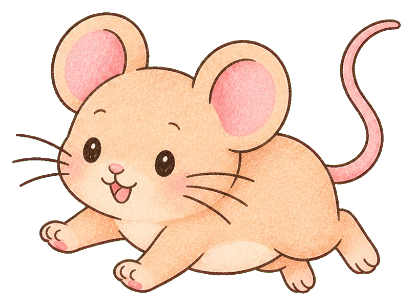 Peach-colored kawaii mouse with pink ears, tail, and tiny smiling face.